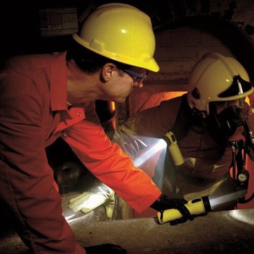 Professional Peli flashlights used by firefighters during interventions.